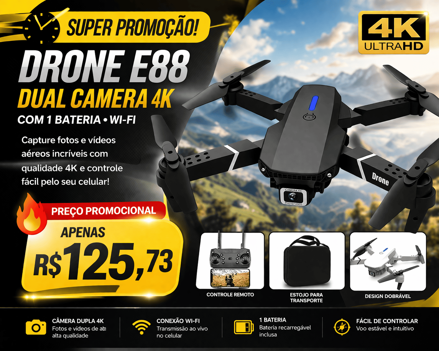 drone e88 pro profissional com câmera hd wi fi grande + 2 baterias drone e88 pro profissional com câmera hd wi fi grande + 2 baterias