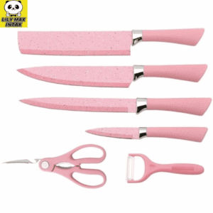 jogo de facas inox 6 peças rosa com descascador e tesoura multiuso