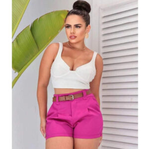 short alfaiataria feminino social cintura alta com cinto regulável elegante premium